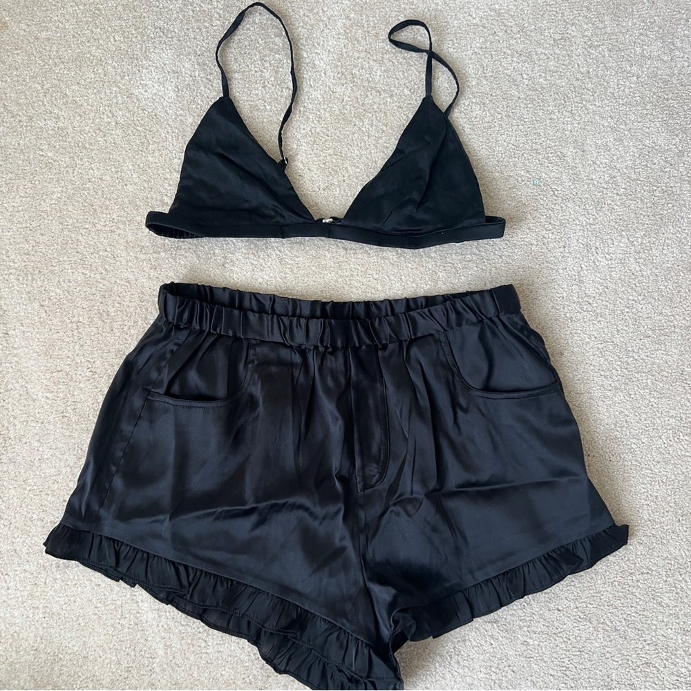 Fleur Du Mal Black Silk Bralette & Ruffle Short Set Size Medium